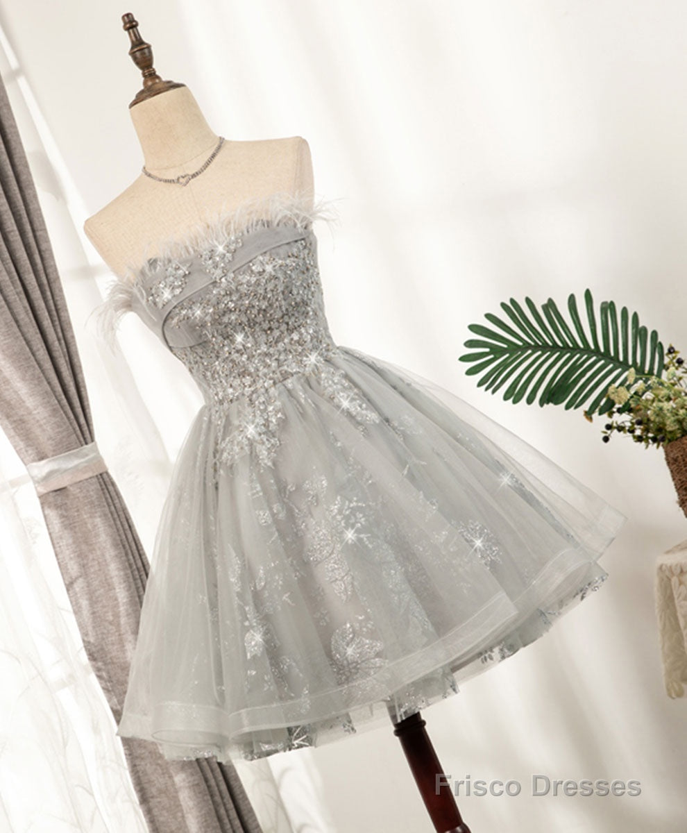 Gray Sweetheart Lace Tulle Short Prom Dress Gray Homecoming Dress Main image
