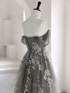Gray Sweetheart Neck A line Lace Long Formal Prom Dress, Gray Formal Dress
