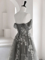 Gray Sweetheart Neck A line Lace Long Formal Prom Dress, Gray Formal Dress