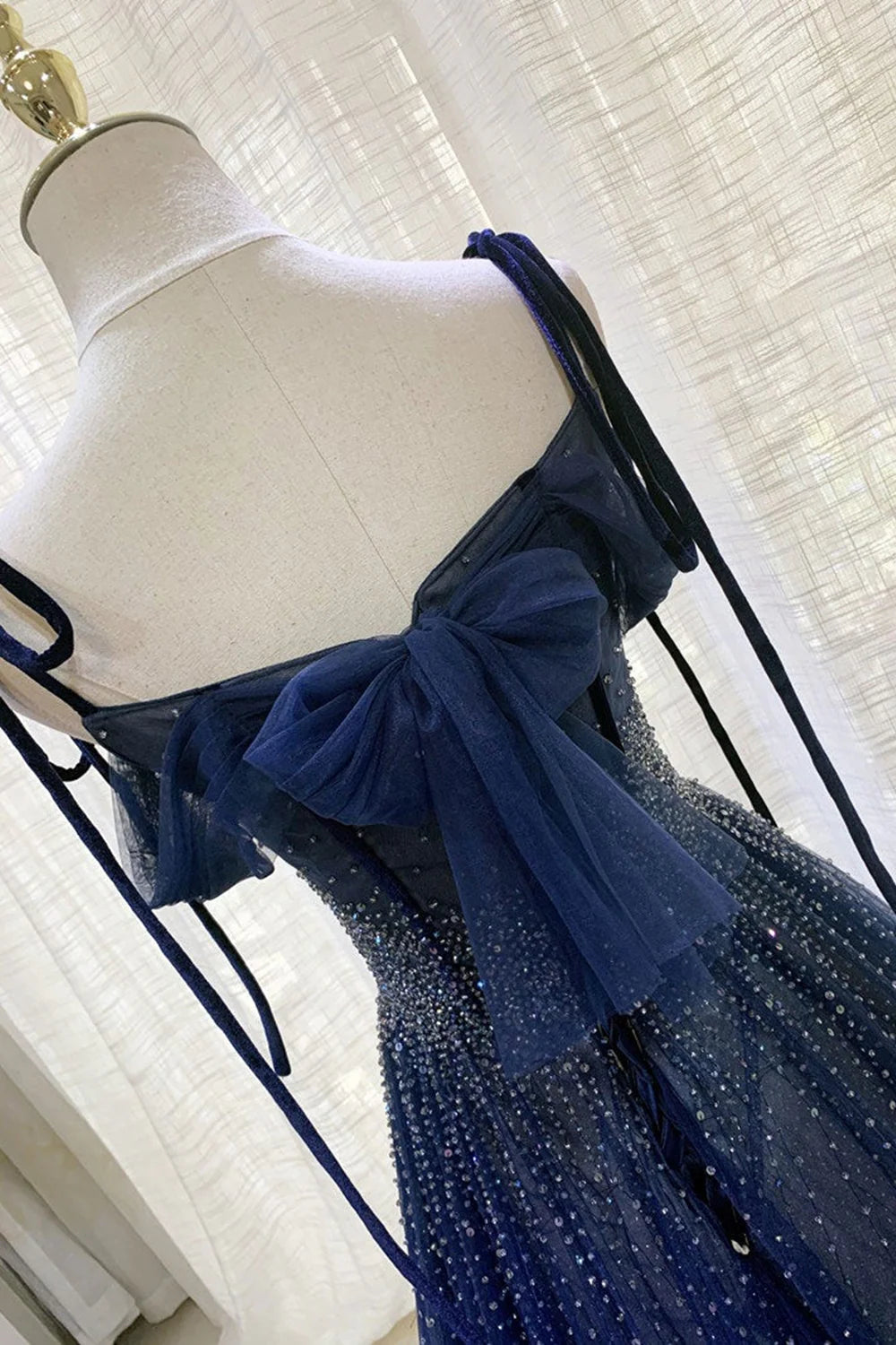Dark Blue Gorgeous Shiny Sequins Long Elegant Tulle Ball Gown Evening Dress