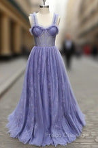 Gray Sweetheart Neck Tulle Lace Long Formal Prom Dress Blue Formal Dress