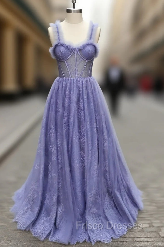 Gray Sweetheart Neck Tulle Lace Long Formal Prom Dress Blue Formal Dress