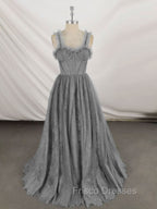 Gray Sweetheart Neck Tulle Lace Long Formal Prom Dress Blue Formal Dress
