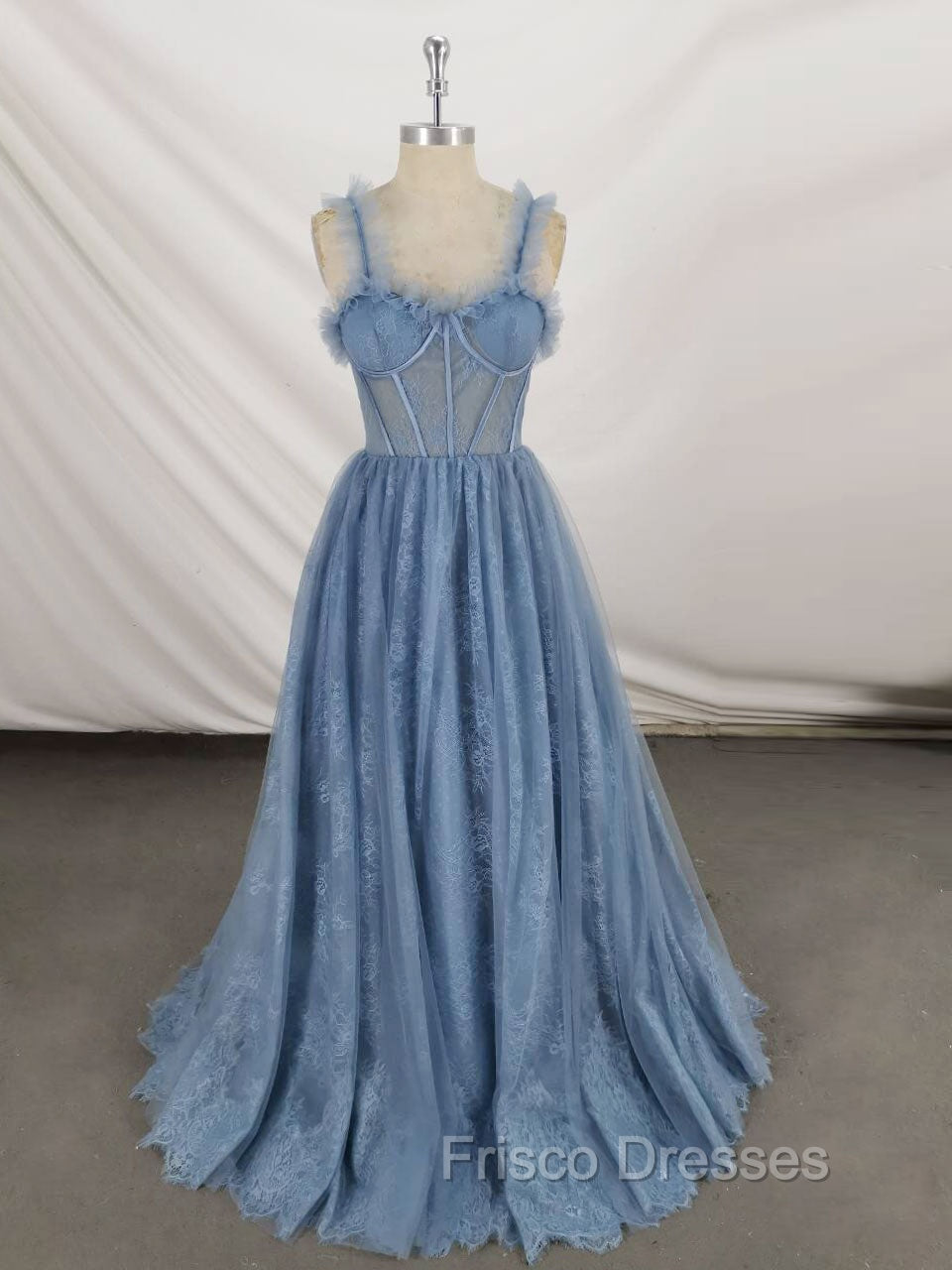 Gray Sweetheart Neck Tulle Lace Long Formal Prom Dress Blue Formal Dress Main image