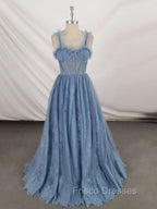 Gray Sweetheart Neck Tulle Lace Long Formal Prom Dress Blue Formal Dress