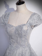 Gray Sweetheart Neck Tulle Lace Long Formal Prom Dress, Gray Evening Dress