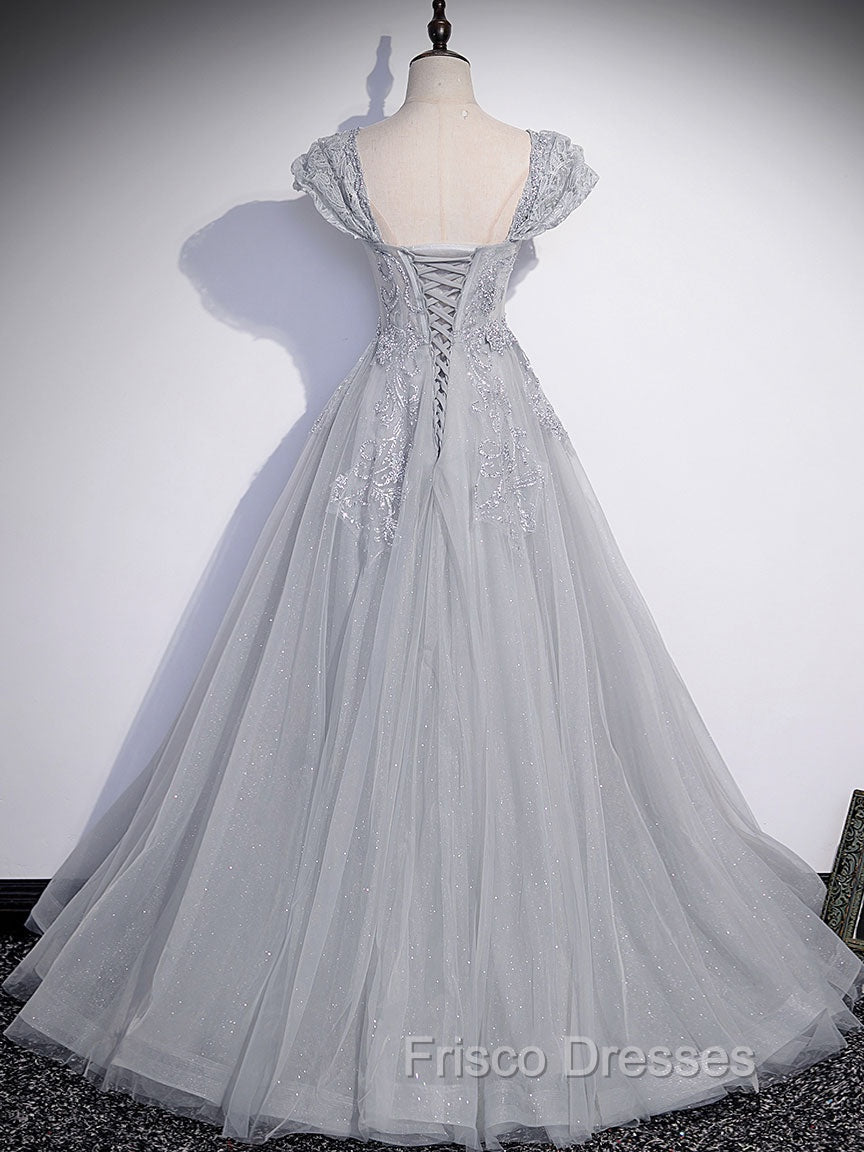Gray Sweetheart Neck Tulle Lace Long Formal Prom Dress, Gray Evening Dress