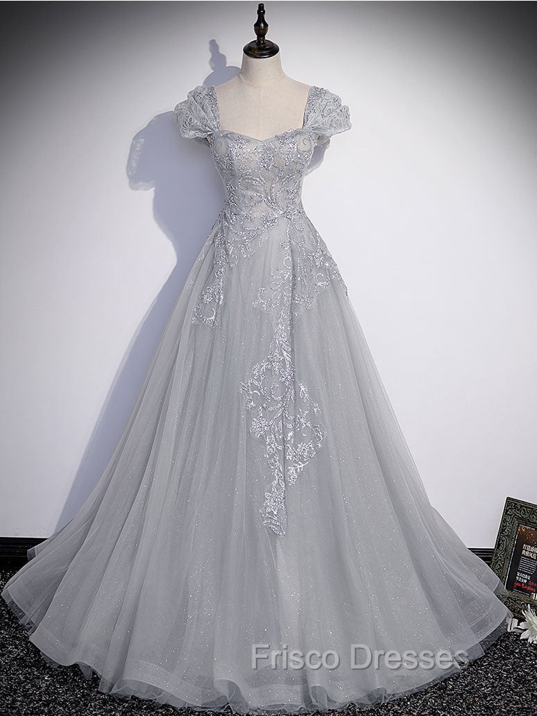Gray Sweetheart Neck Tulle Lace Long Formal Prom Dress, Gray Evening Dress Secondary image