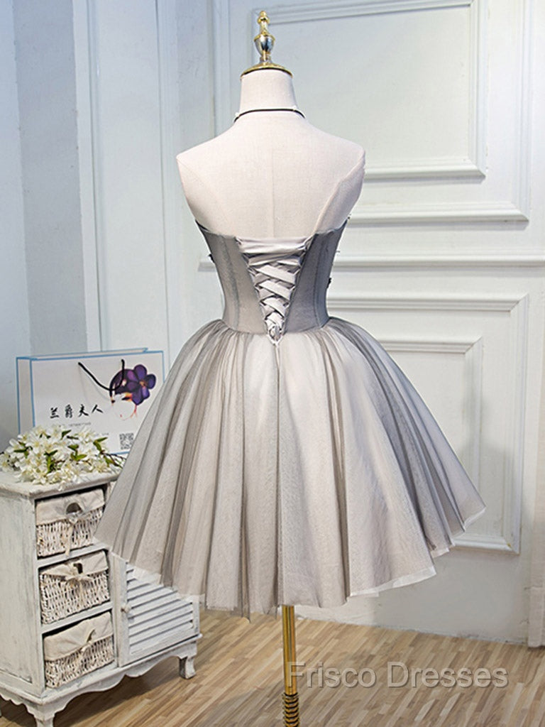 Gray Sweetheart Neck Tulle Lace Short Formal Prom Dress, Cute Homecoming Dress Secondary image