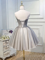 Gray Sweetheart Neck Tulle Lace Short Formal Prom Dress, Cute Homecoming Dress