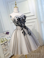 Gray Sweetheart Neck Tulle Lace Short Formal Prom Dress, Cute Homecoming Dress