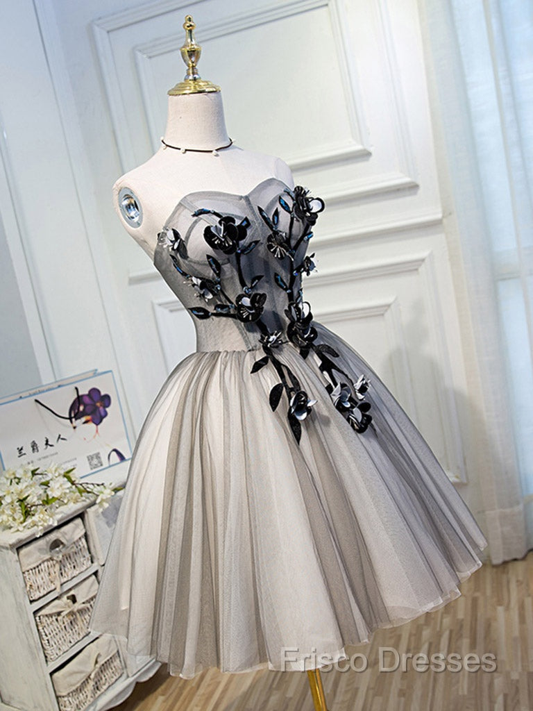 Gray Sweetheart Neck Tulle Lace Short Formal Prom Dress, Cute Homecoming Dress