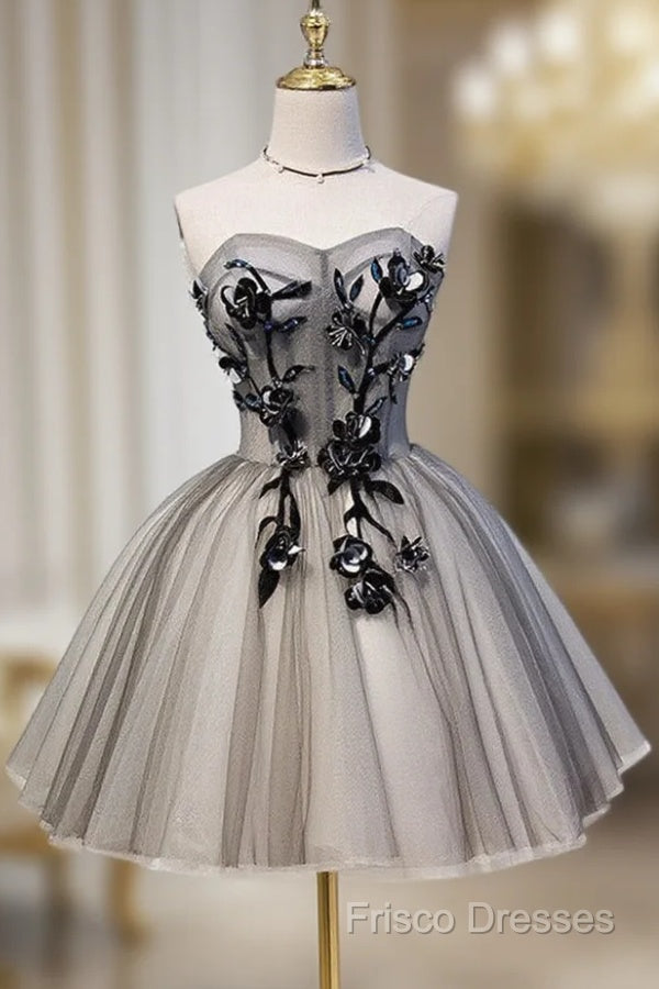 Gray Sweetheart Neck Tulle Lace Short Formal Prom Dress, Cute Homecoming Dress Main image