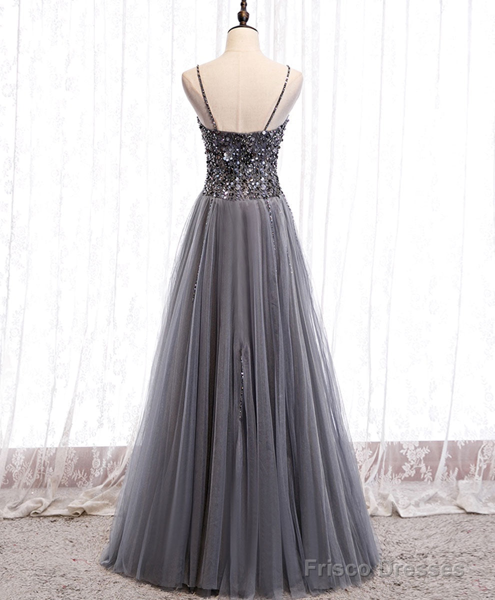 Gray Sweetheart Neck Tulle Sequin Beads Long Prom Dress Secondary image