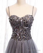 Gray Sweetheart Neck Tulle Sequin Beads Long Prom Dress