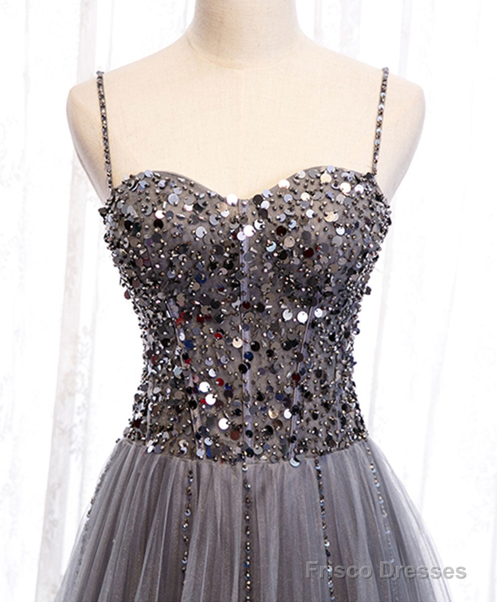Gray Sweetheart Neck Tulle Sequin Beads Long Prom Dress