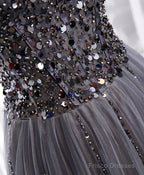 Gray Sweetheart Neck Tulle Sequin Beads Long Prom Dress