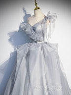 Gray Sweetheart Tulle Long Formal Prom Dress, Gray Evening Dress