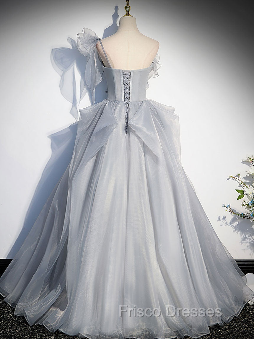 Gray Sweetheart Tulle Long Formal Prom Dress, Gray Evening Dress