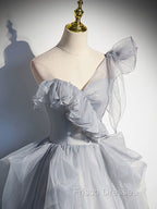 Gray Sweetheart Tulle Long Formal Prom Dress, Gray Evening Dress