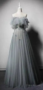 Gray Tulle A-Line Off Shoulder Prom Dress,