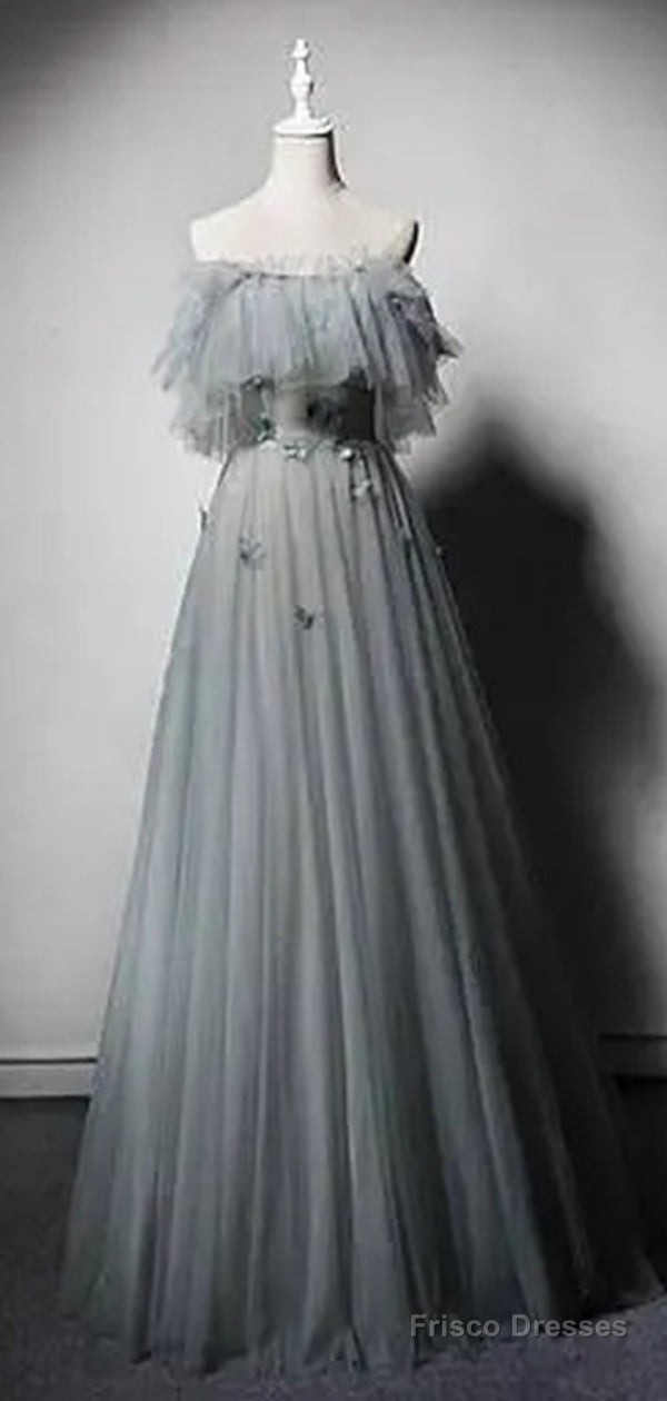 Gray Tulle A-Line Off Shoulder Prom Dress,