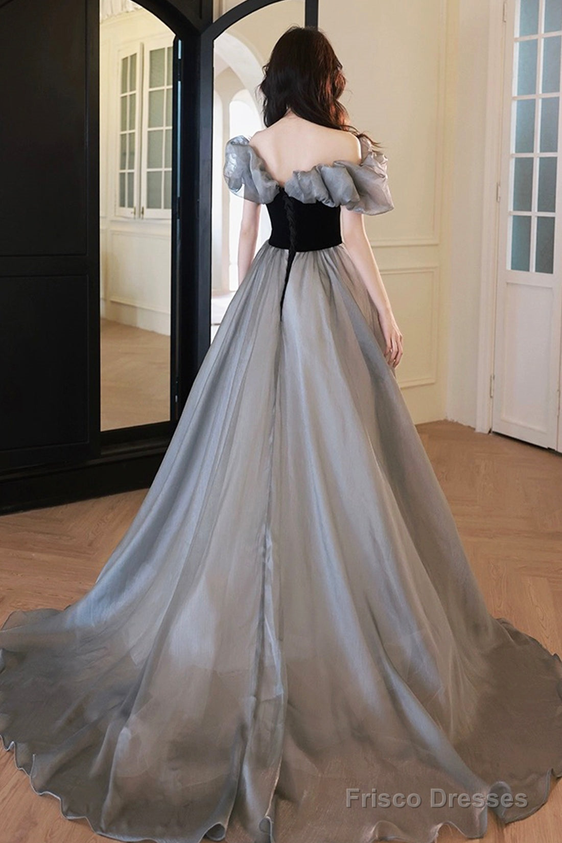 Gray Tulle And Black Velvet Long Prom Dress, Off The Shoulder Evening Party Dress Secondary image