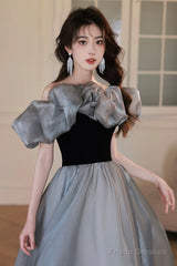 Gray Tulle And Black Velvet Long Prom Dress, Off The Shoulder Evening Party Dress