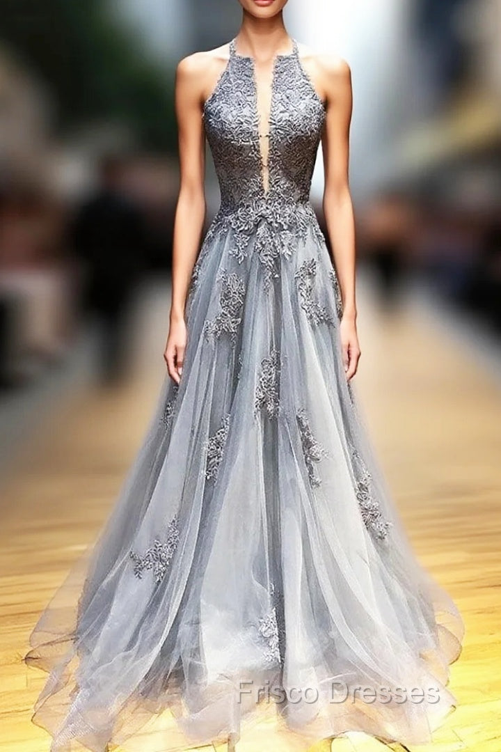 Gray Tulle Appliques Halter Backless Formal Prom Dress