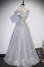 Gray Tulle Beaded Long A-Line Formal Prom Dress, Cute Evening Party Dress