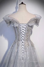 Gray Tulle Beaded Long A-Line Formal Prom Dress, Cute Evening Party Dress