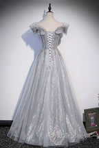 Gray Tulle Beaded Long A-Line Formal Prom Dress, Cute Evening Party Dress