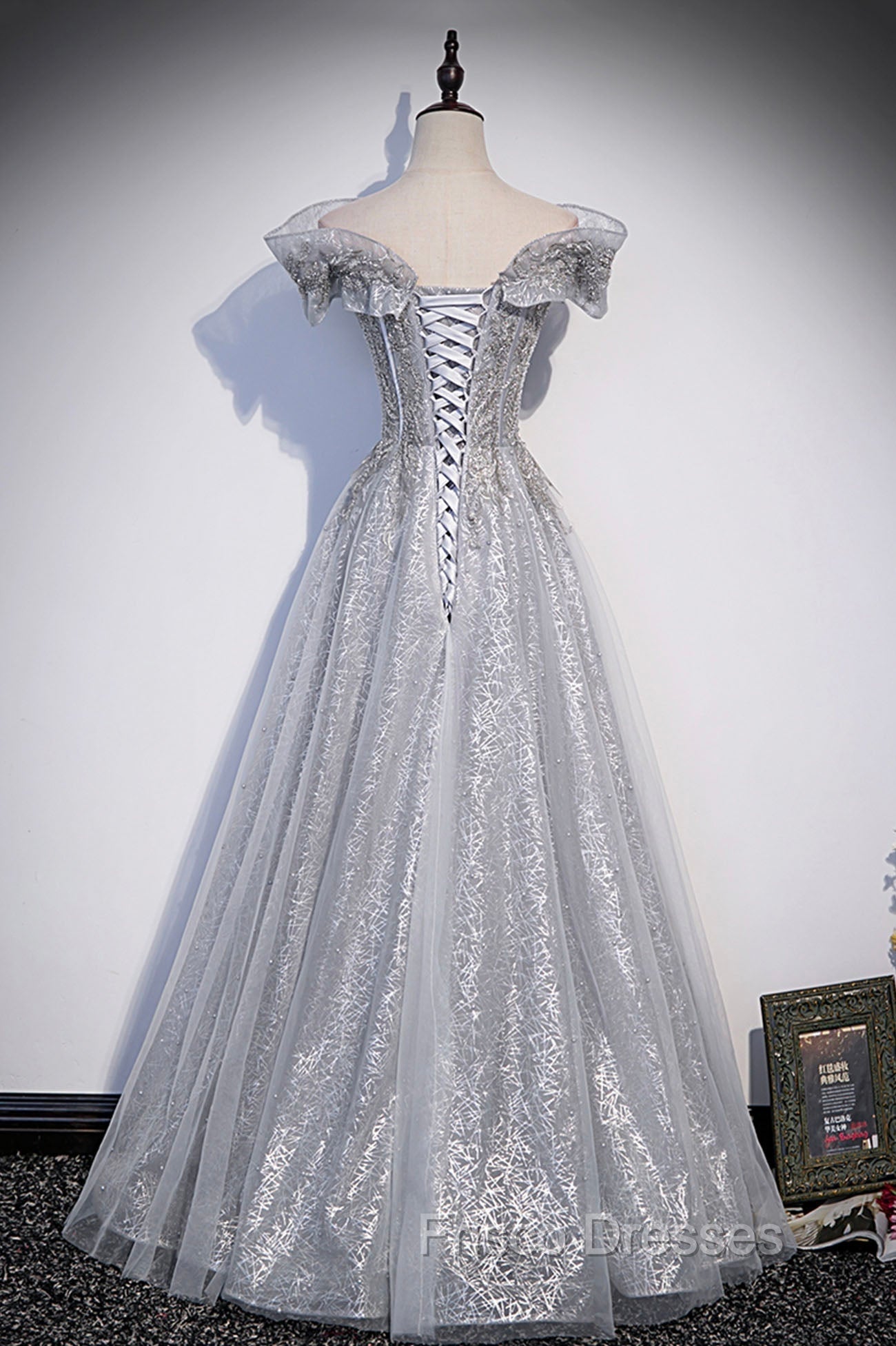 Gray Tulle Beaded Long A-Line Formal Prom Dress, Cute Evening Party Dress