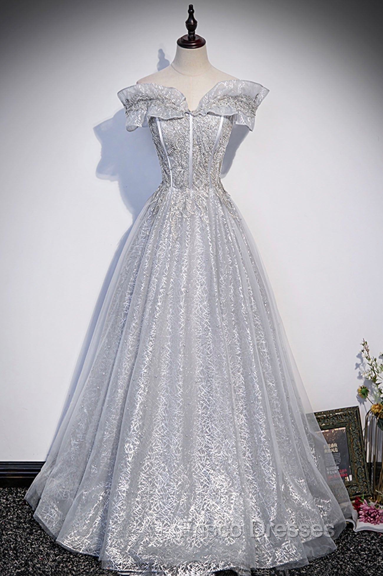 Gray Tulle Beaded Long A-Line Formal Prom Dress, Cute Evening Party Dress