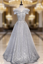 Gray Tulle Beaded Long A-Line Formal Prom Dress, Cute Evening Party Dress
