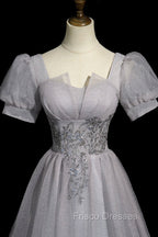 Gray Tulle Beaded Long Formal Prom Dress, A-Line Short Sleeve Evening Party Dress