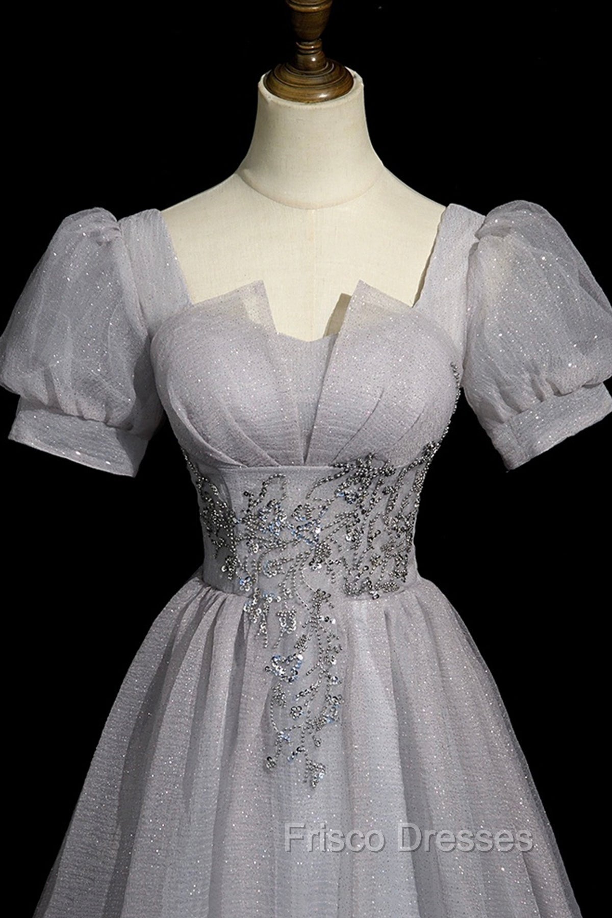 Gray Tulle Beaded Long Formal Prom Dress, A-Line Short Sleeve Evening Party Dress