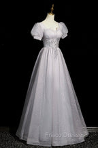 Gray Tulle Beaded Long Formal Prom Dress, A-Line Short Sleeve Evening Party Dress