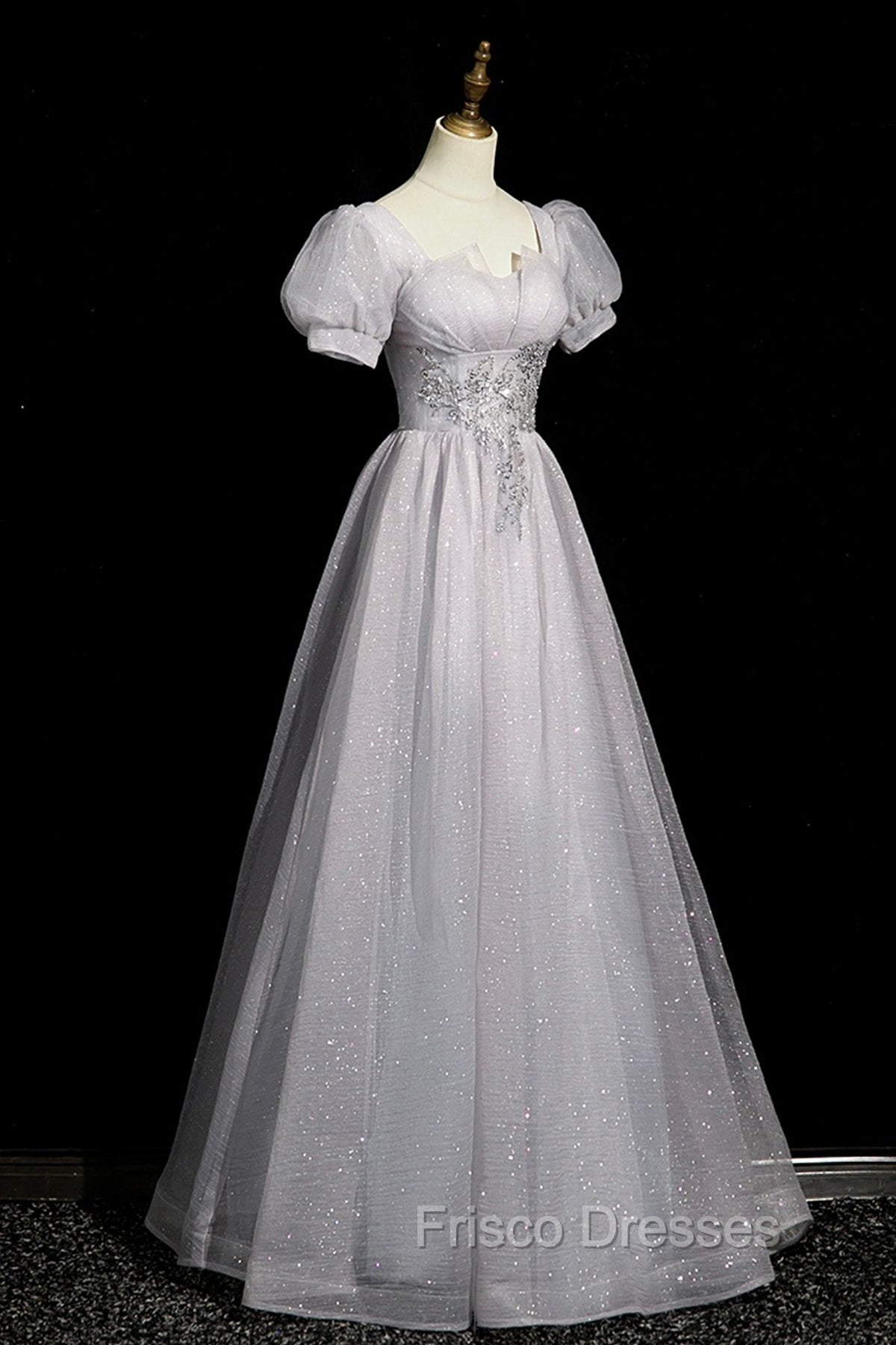Gray Tulle Beaded Long Formal Prom Dress, A-Line Short Sleeve Evening Party Dress