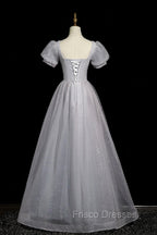 Gray Tulle Beaded Long Formal Prom Dress, A-Line Short Sleeve Evening Party Dress