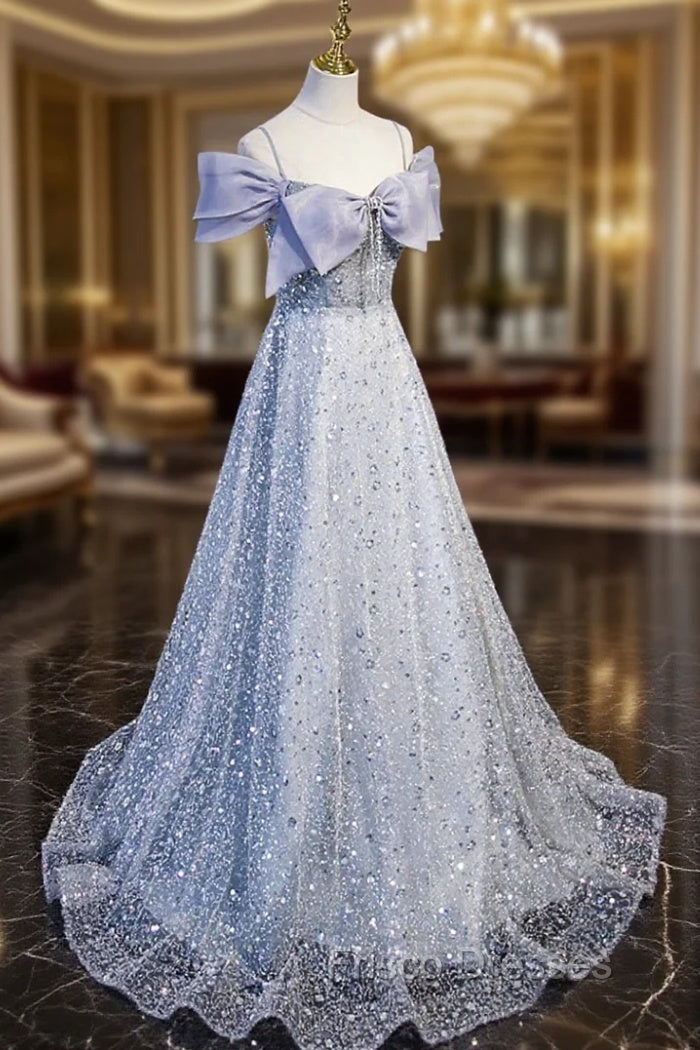 Gray Tulle Beaded Long Formal Prom Dress, Off the Shoulder Evening Dress with Bow Main image