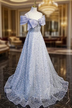 Gray Tulle Beaded Long Formal Prom Dress, Off the Shoulder Evening Dress with Bow