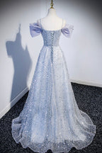 Gray Tulle Beaded Long Formal Prom Dress, Off the Shoulder Evening Dress with Bow