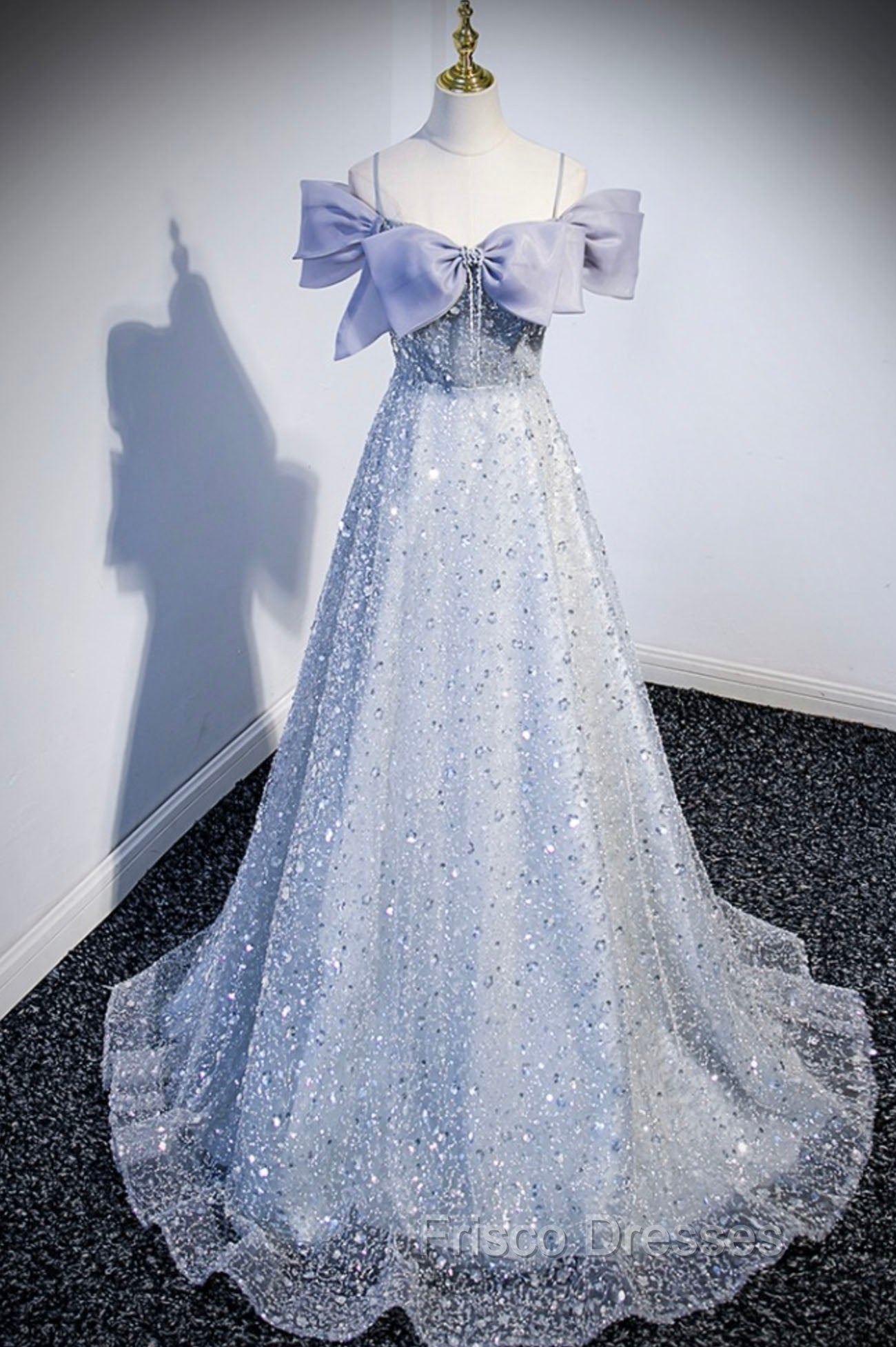 Gray Tulle Beaded Long Formal Prom Dress, Off the Shoulder Evening Dress with Bow Secondary image