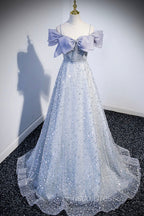Gray Tulle Beaded Long Formal Prom Dress, Off the Shoulder Evening Dress with Bow
