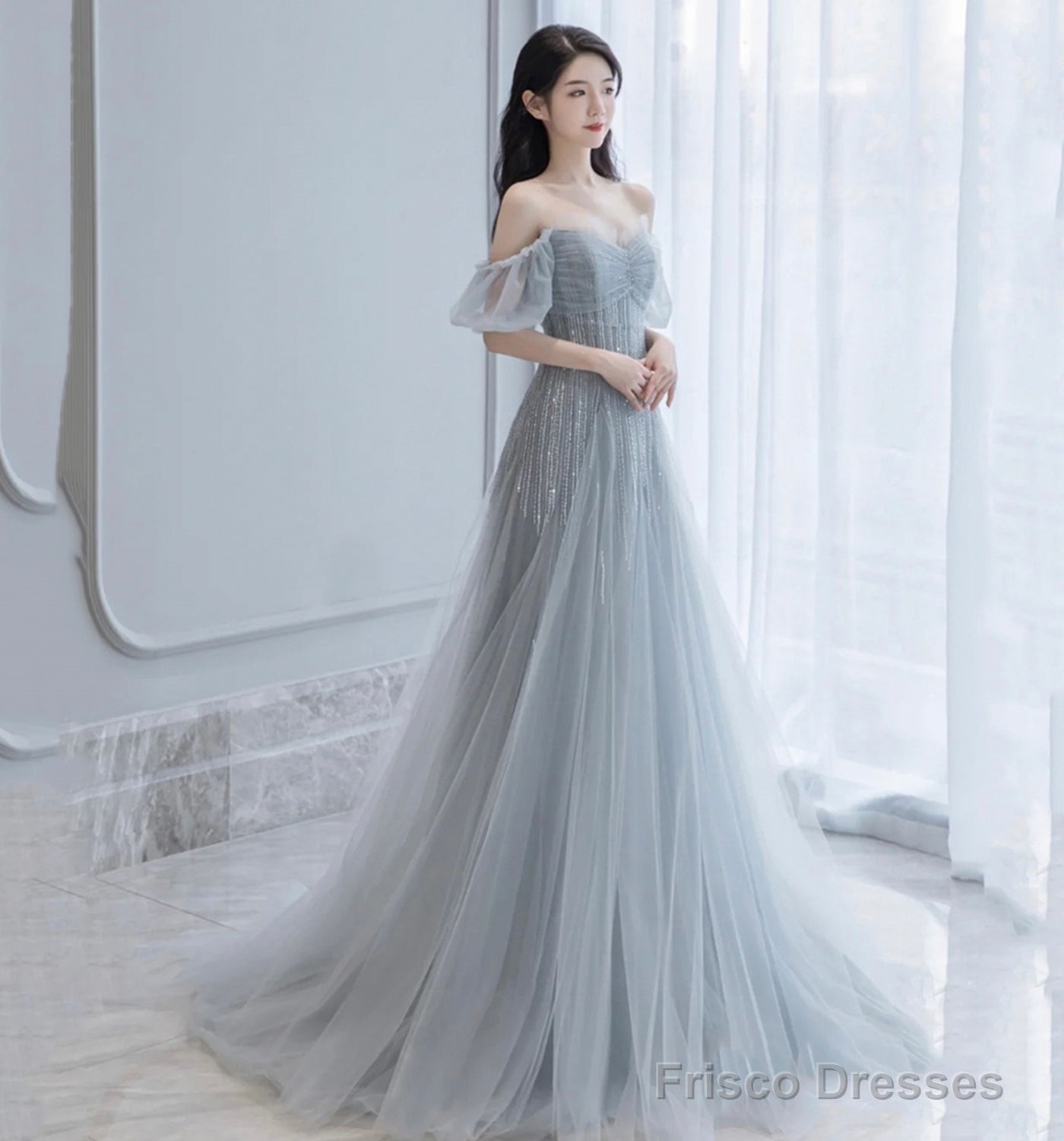 Gray Tulle Beads Long A Line Prom Dress Evening Dress Main image