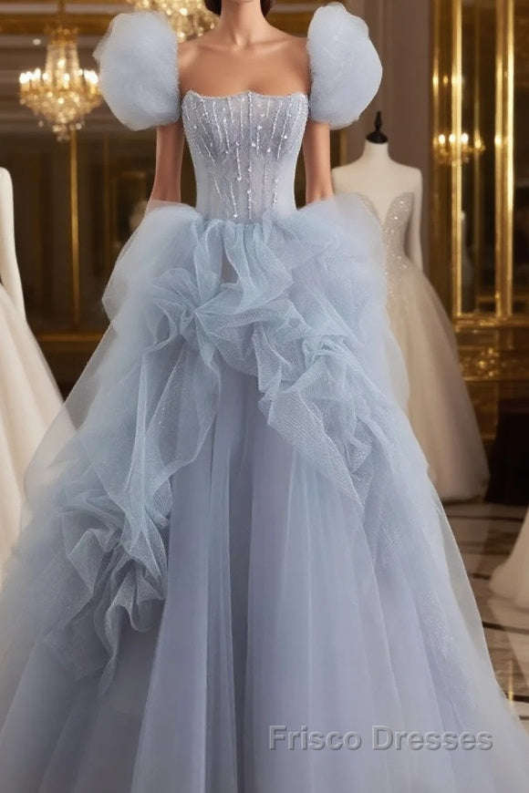Gray tulle beads long Formal Prom Dresses, gray tulle formal Dresses Main image