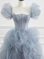 Gray tulle beads long Formal Prom Dresses, gray tulle formal Dresses