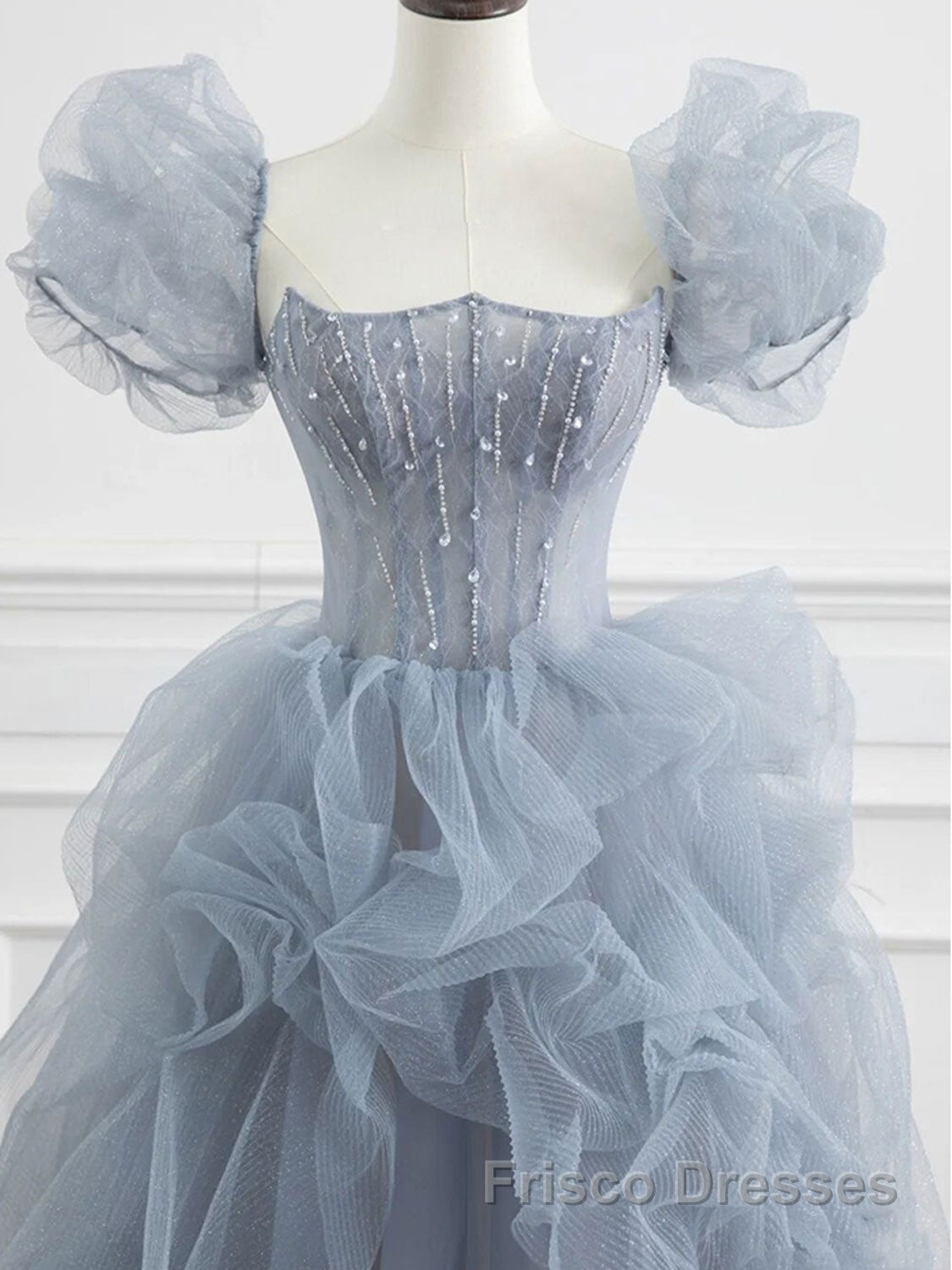 Gray tulle beads long Formal Prom Dresses, gray tulle formal Dresses