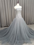 Gray Tulle Beads Long Formal Prom Dress Gray Tulle Formal Evening Graduation Dress
